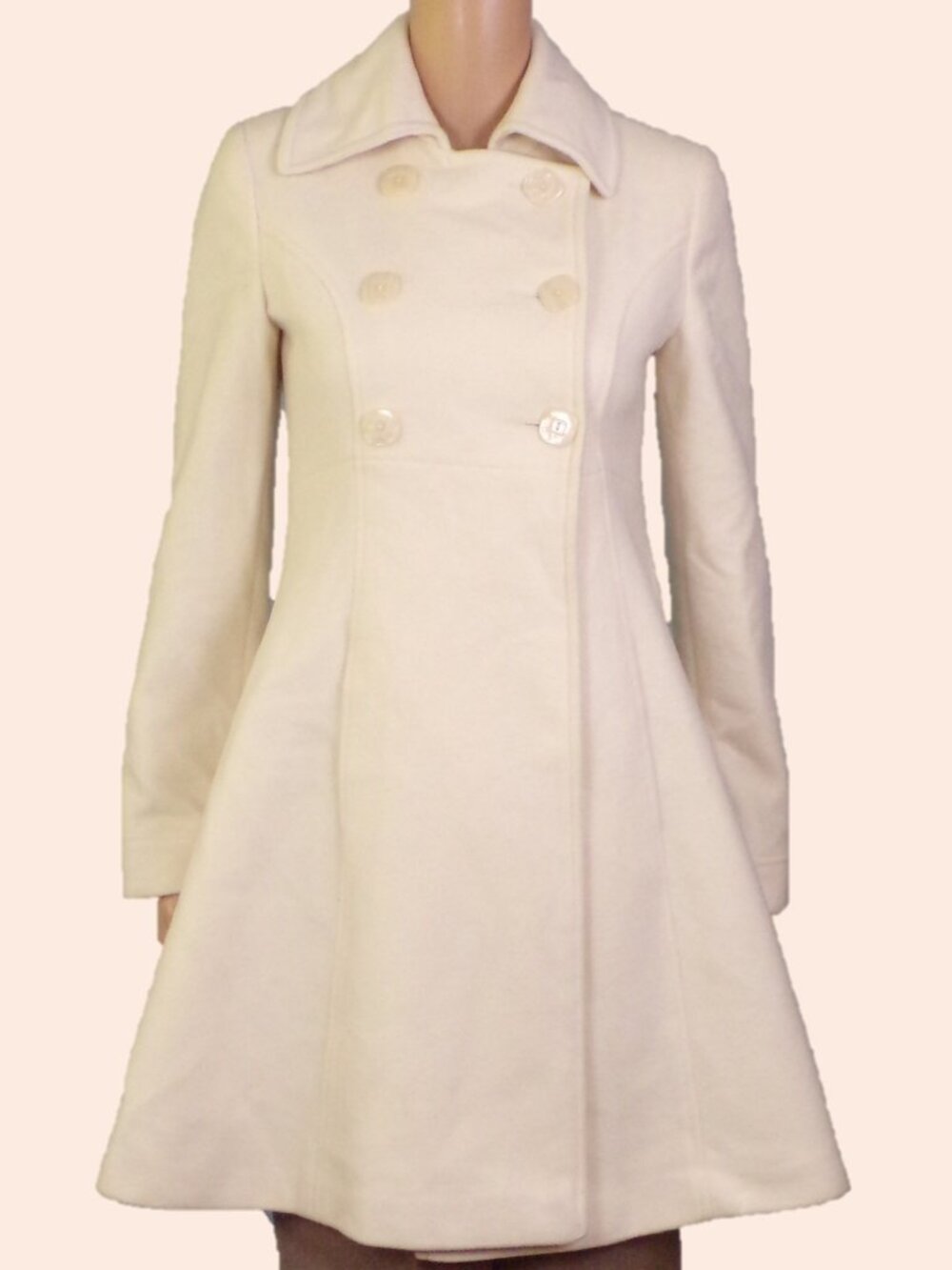 Women's Cream Double-Breasted Wool Blend Coat
